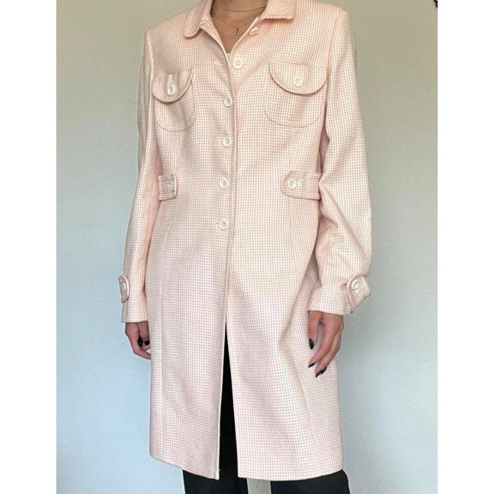 Ann Taylor Loft Women Pink / White Long Sleeve Checkered Tweed Coat Size 4